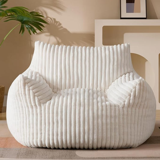 Giant Plush Bean Bag Chair for Adults with Armrests - Oversized Comfy Beige Beanbag Lounge Lazy Floor Sofa Accent Chair for Living Room, Bedroom & Dorm, Cozy Fluffy Single Cloud Mini Couch-HomvellaHome
