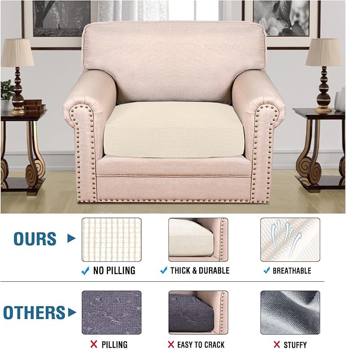 H.VERSAILTEX Super Stretch Individual Seat Cushion Covers Sofa Covers Couch Cushion Covers Slipcover Sets Thick Jacquard Textured Twill Fabric (1 Piece Chair Cushion Cover, Natural)-HomvellaHome