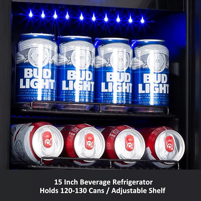 15'' Beverage Refrigerator and Beer Fridge Under Counter Built-in or Freestanding,127 Cans Beverage Cooler with Glass Door and Lock for Bottles and Cans Beer/Soda/Water/Wine-HomvellaHome