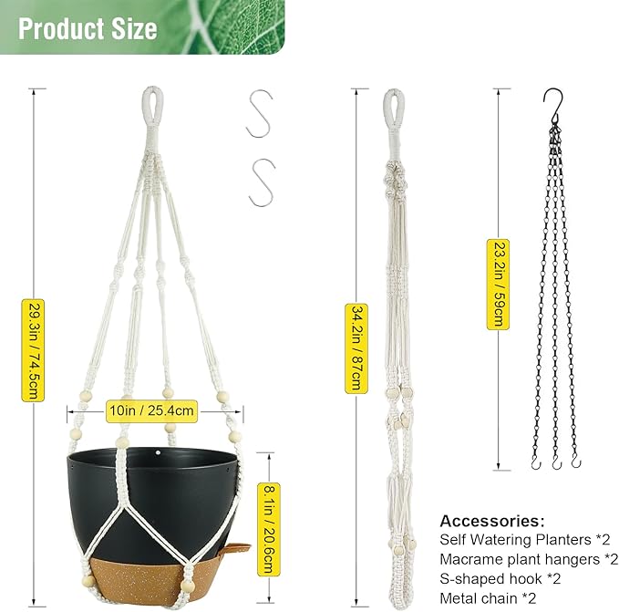 10 inch Self Watering Hanging Planters, 2 Pack Hanging Flower Pots for Indoor Outdoor Plants, Hanging Baskets with Drainage Holes & 2 Kinds of Plant Hangers for Garden Home Decor, Black Brown-HomvellaHome