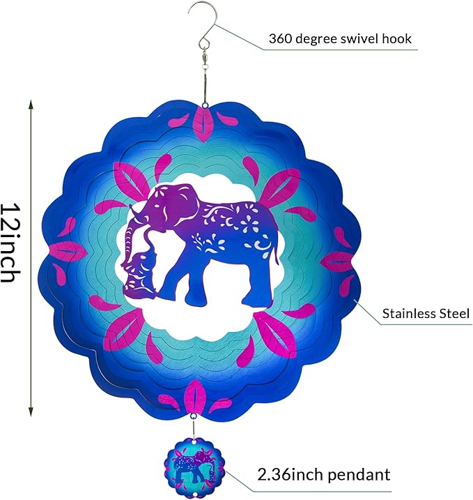 12 inch Elephant 3D Stainless Steel Wind Spinners, Hanging Garden Spinner Kinetic Art Garden Decorations, Reflective Wind Sculpture for Indoor/Outdoor Decor-HomvellaHome