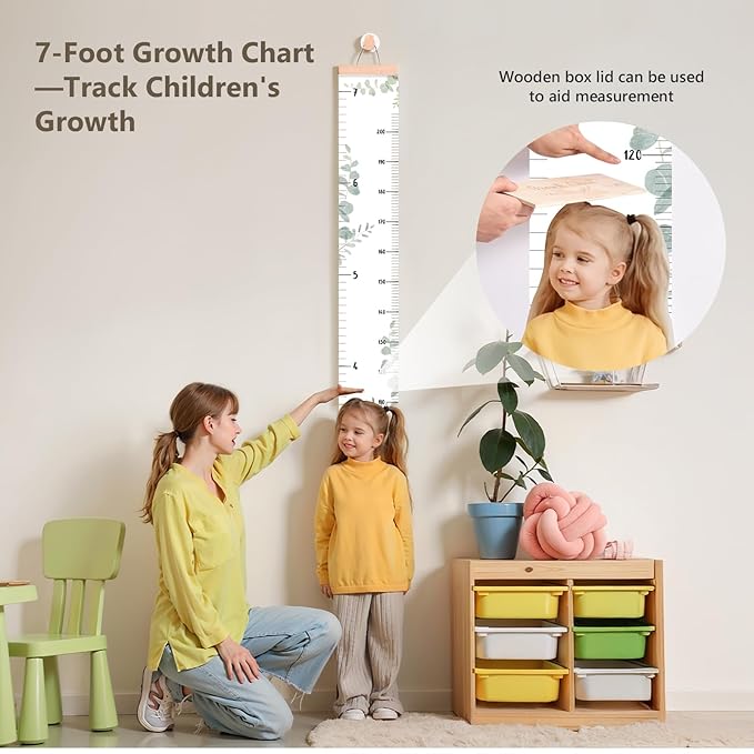 Growth Chart for Wall 7 Ft Height Chart with Keepsake Box & Hook Waterproof Canvas Measure Wall Ruler Removable Neutral Nursery Wall Decor for Baby Kids Toddlers-HomvellaHome