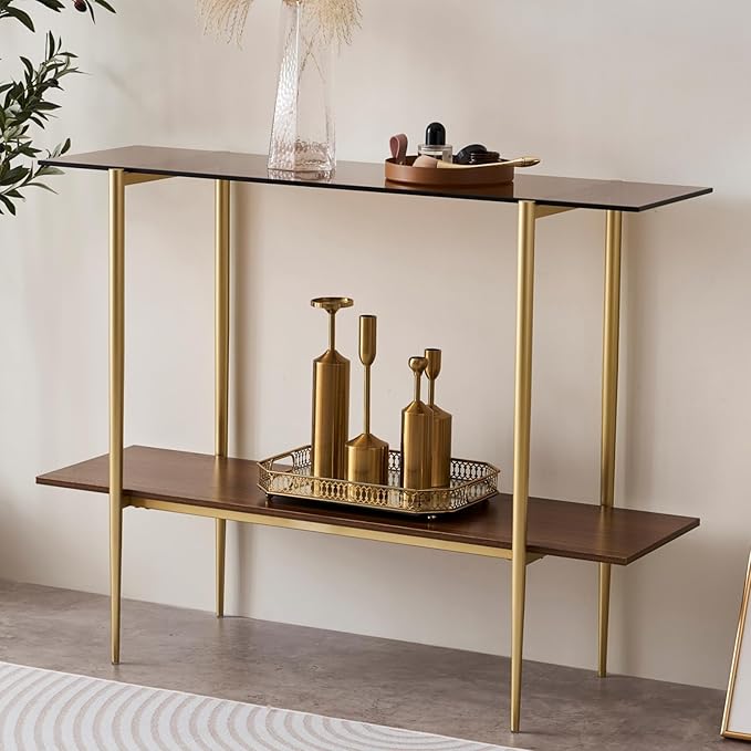 Glass Console Table for Living Room, Foyer & Entrance, 2-Tiers Mid-Century Modern Sofa Table with Amber Glass Top, Walnut Finish Wood Shelf and Gold Finish Frame-HomvellaHome