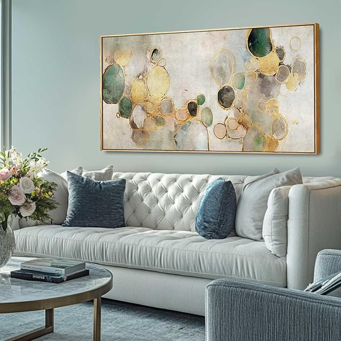 Gold Circle Modern Artwork Framed Abstract Wall Art Green Canvas Decor 24"x48" Wall Decorations for Bedroom Living Room Kitchen-HomvellaHome