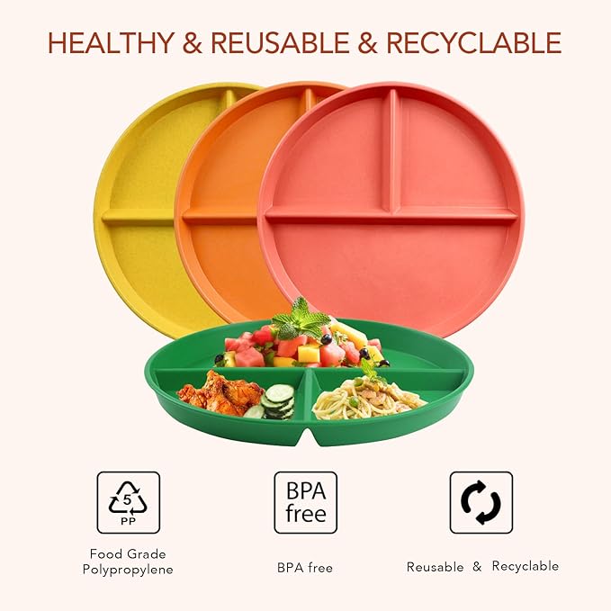greenandlife 9 Inch 4PCS Unbreakable Portion Control Plates, Divided Plates for Kids Adults, Dishwasher & Microwave Safe Compartment Plate, Lightweight Reusable Wheat Straw Plate, BPA Free-HomvellaHome