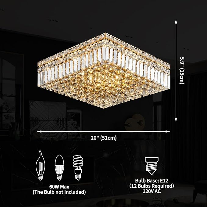 12-Lights Gold Crystal Flush Mount Ceiling Light Fixtures,Elegant Crystal Chandelier Pendant Ceiling Lamp for Bedroom,Living Room,Dining Room,Hallway H5.9 x W20 x L20 (Bulb Not Included) Square-HomvellaHome