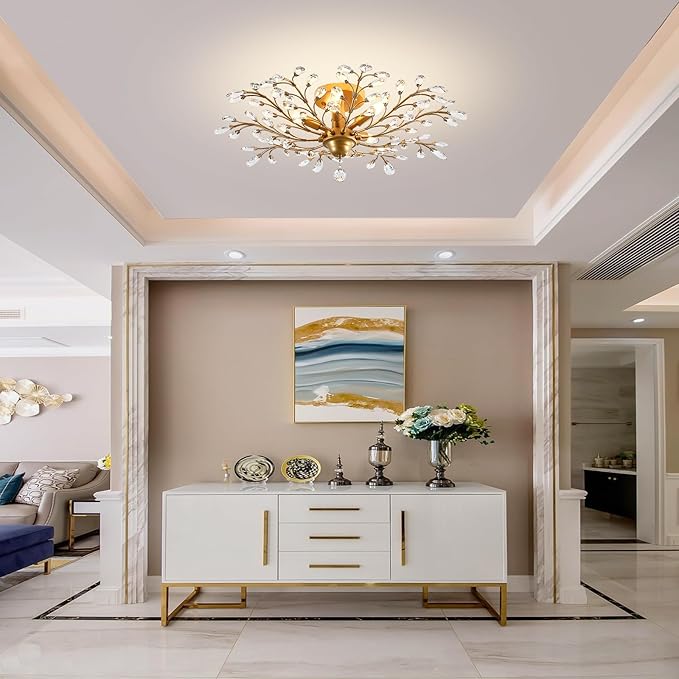 Ganeed Crystal Chandeliers,Vintage K9 Clear LED Ceiling Lighting,Edison Pendant Light Flush Mounted Fixture with 5 Light for Living Room Dinning Room Restaurant Porch Hallway (Gold)-HomvellaHome