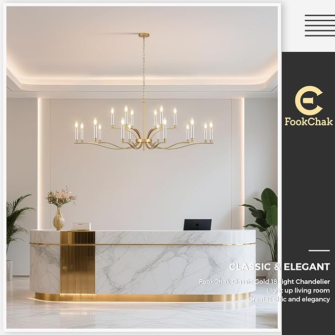 18 Light Gold Living Room Chandelier High Ceiling Foyer Candle Chandelier Large Modern Brass 59in Metal Chandeliers Hanging Light for Master Bedroom Dining Room Light Fixture Over Table-HomvellaHome