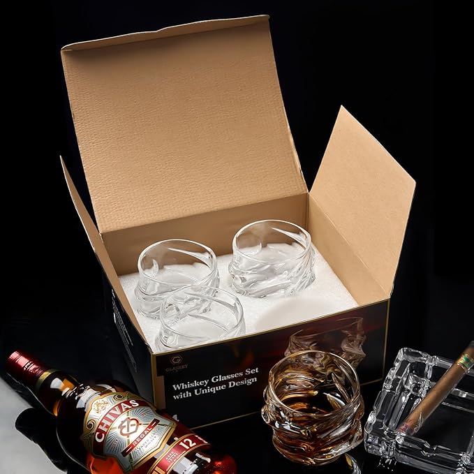 12 oz Hand Blown Crystal Whiskey Glasses Set of 4, Unique Cognac Glass, Heavy Thick Bottom Bar Glass for Scotch Bourbon Rum Gin Water Cocktail,Gifts Men Gifts Ideas-HomvellaHome