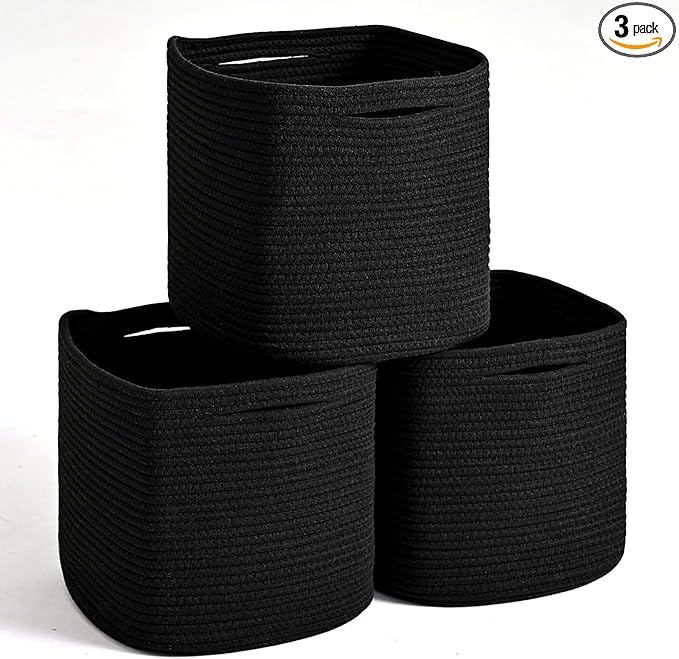 11 Inch Cube Storage Bins, Storage Cube Organizer Bins, Woven Cotton Rope Basket for Storage, Storage Baskets for Organizing Shelves, Square Baskets for Toys, Black (Pack of 3)-HomvellaHome