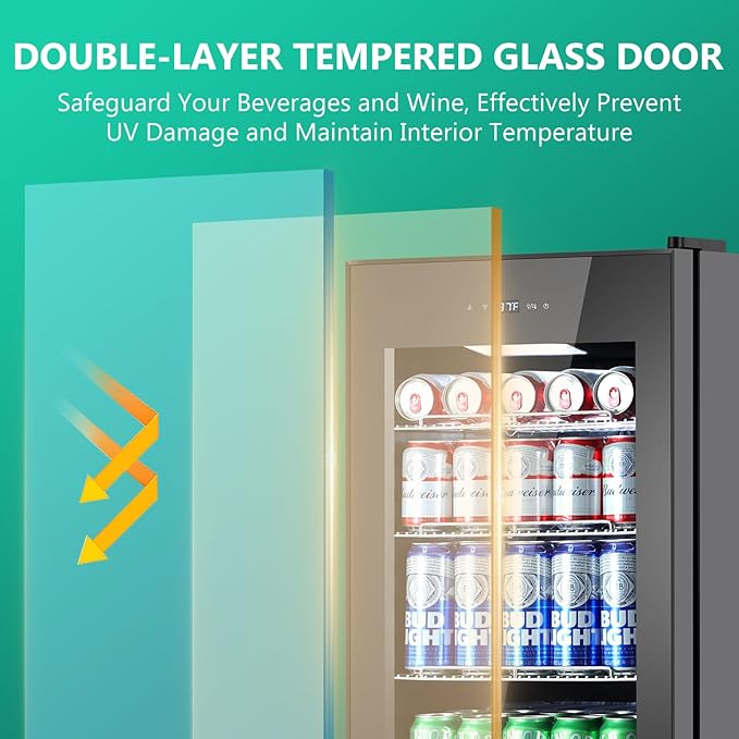 101 Cans Compressor Beverage Refrigerator, 17 Inch Drink Fridge with Glass Door, Adjustable Removable Shelves, Quiet Operation, Temp Memory, Beer Cooler for Soda, Beer, Water, Home Bar, Office-HomvellaHome
