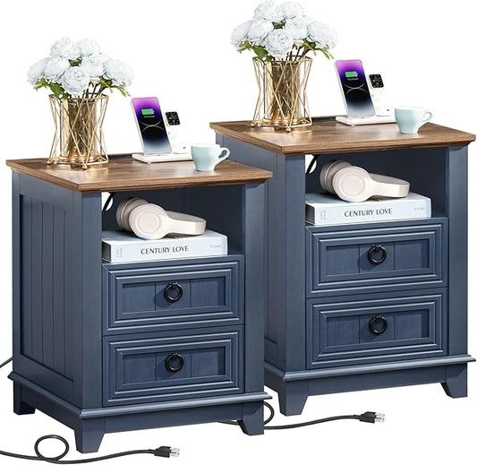 18" Farmhouse Night Stands Set of 2 with Charging Station, 2 Drawers End Table Dresser for Bedroom, Blue Wooden Nightstand, Bed Side Table with Open Shelf, Bedside Cabinet for Living Room-HomvellaHome
