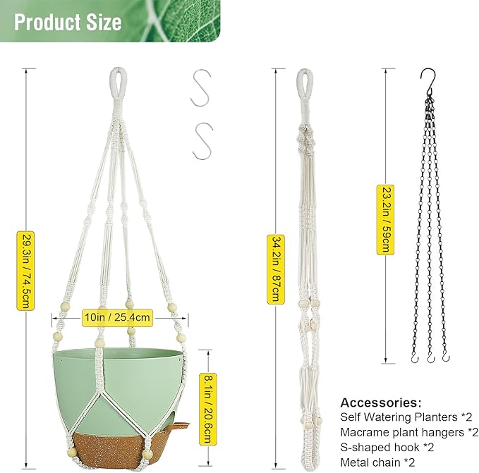 10 inch Self Watering Hanging Planters for Indoor Plants, 2 Pack Hanging Baskets for Outdoor Plants, Hanging Flower Pots with Drainage Holes & 2 Kinds of Plant Hangers for Home Decor, Green-HomvellaHome