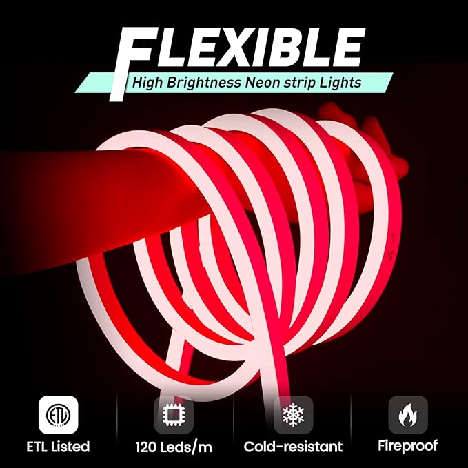 GZBtech Flexible LED Neon Rope Lights 16.4FT,AC 110-120V Waterproof Strip Light, 120LEDs/M Cuttable Connectable Neon Lighting for Indoor Outdoor Home Decor/Commercial Building Use-Red 5M-HomvellaHome