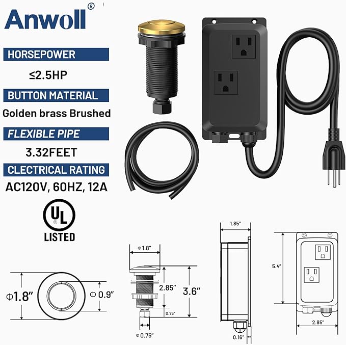 Garbage Disposal Air Switch Kit -Professional- Dual Outlet, Sink Top Waste Disposer On/Off, Garbage Disposal Button, Brass Made Cover, UL Listed-HomvellaHome