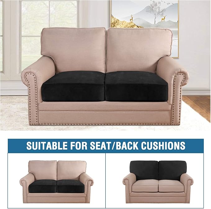 H.VERSAILTEX Velvet Stretch Couch Cushion Cover Plush Cushion Slipcover for Chair Loveseat Sofa Cushion Furniture Protector Seat Cushion Sofa Cover (2 Piece Large Sofa Cushion Covers, Black)-HomvellaHome