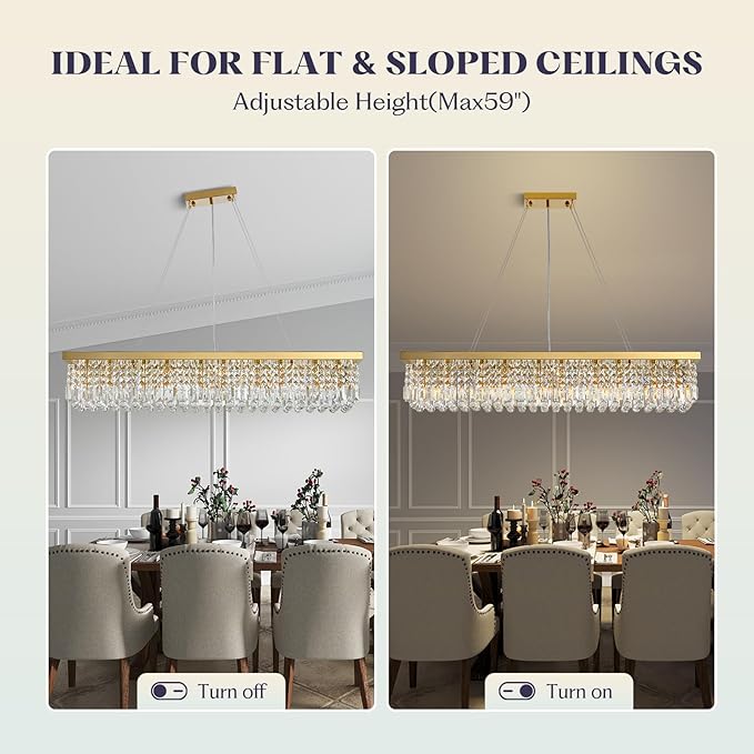 10 Lights Modern Crystal Chandelier, Gold K9 Rectangle Rectangular Chandeliers,Luxury Flush Mount Pendant Ceiling Light for Dining Room Kitchen Island L47''xW10''xH10''-HomvellaHome