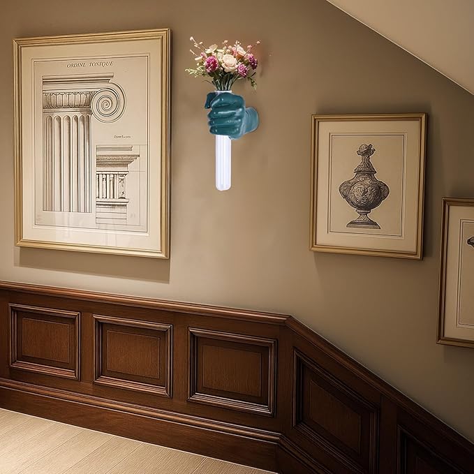 Green Wall Sculptures, Hand Vases Home Decor, Wall Mount Art Sculpture, Unique Wall Art Statue, Funky Flower Vase Decorations, Modern Eclectic Hanging Decor,Glass Test Tube Vase-HomvellaHome