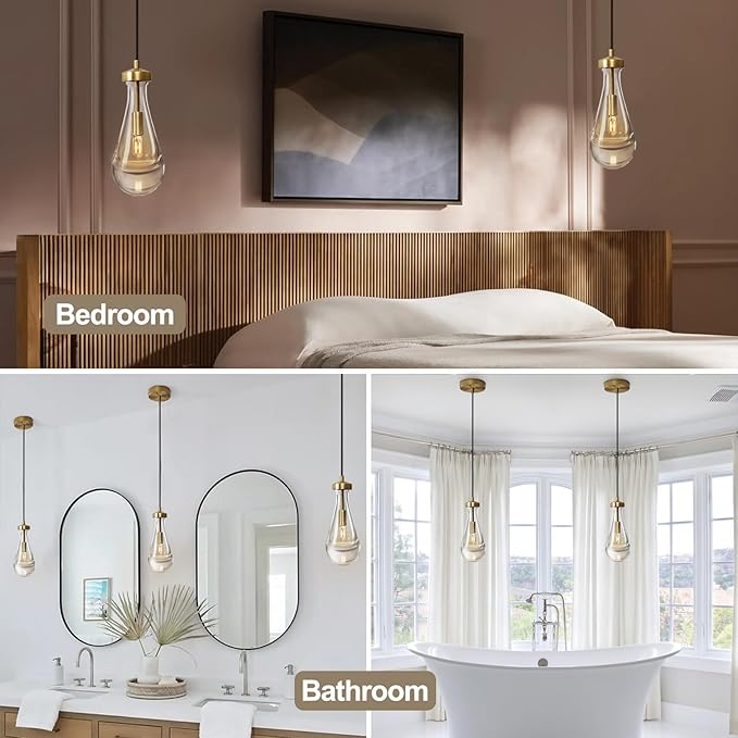 Raindrop Pendant Lights Set of 3, Pendant Lights Kitchen Island 3 Pack, Teardrop Glass Pendant Lights for Bedroom Bathroom, Island Lights, Chandelier for Living Room Hallway, Bulb Included-HomvellaHome