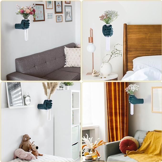 Green Wall Sculptures, Hand Vases Home Decor, Wall Mount Art Sculpture, Unique Wall Art Statue, Funky Flower Vase Decorations, Modern Eclectic Hanging Decor,Glass Test Tube Vase-HomvellaHome