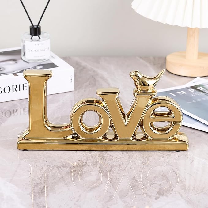 Gold Love Sign Statue - Personalized Home Decor, Bird Sculpture for Living Room, Bedroom, Desktop & Cabinets-HomvellaHome