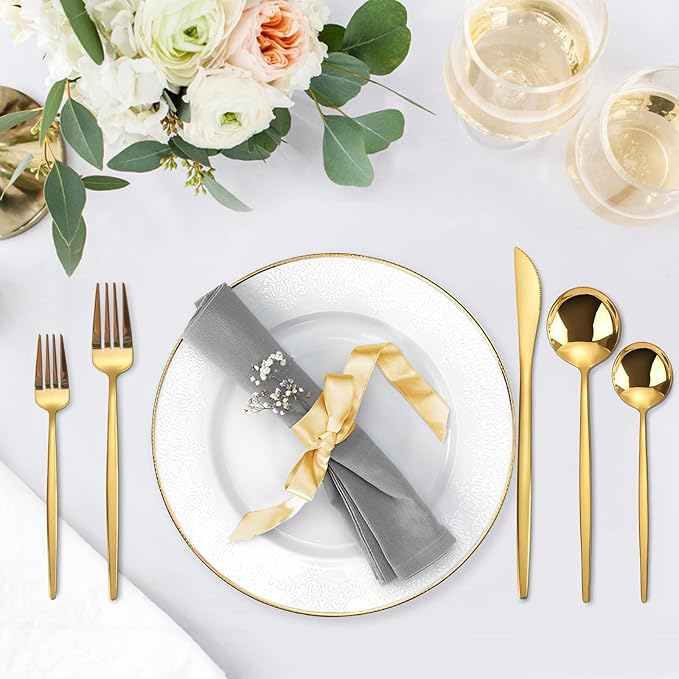 Gold Silverware Set, KassKa 40 Pieces Flatware Cutlery Set, Stainless Steel Utensils Set Spoon Fork Knives Set for Home Restaurant and Kitchen, Mirror Polished Finished, Service for 8-HomvellaHome