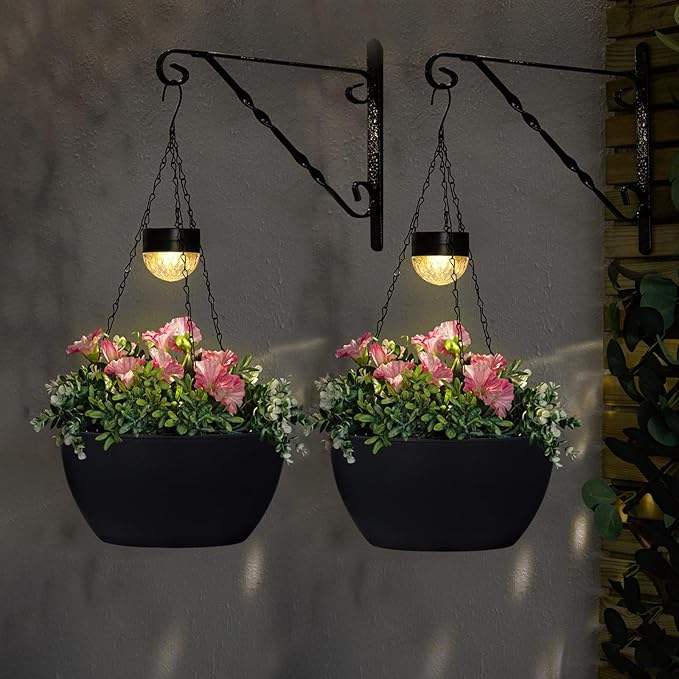 2 Packs Solar Hanging Basket Planters for Plants Outdoor, Self Watering Black Flower Plants Pots with Solar Light Drainer for Balcony Patio Garden Outdoor Decoration-HomvellaHome