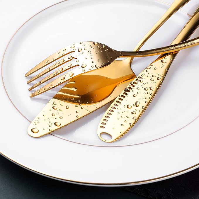 Gold Serving Utensils, OGORI 15-Piece Stainless Steel Gold Serving Utensils Set Include Serving Spoons, Slotted Serving Spoons, Serving Tongs, Serving Forks, Butter Knife, Soup Ladle, Pie Server-HomvellaHome