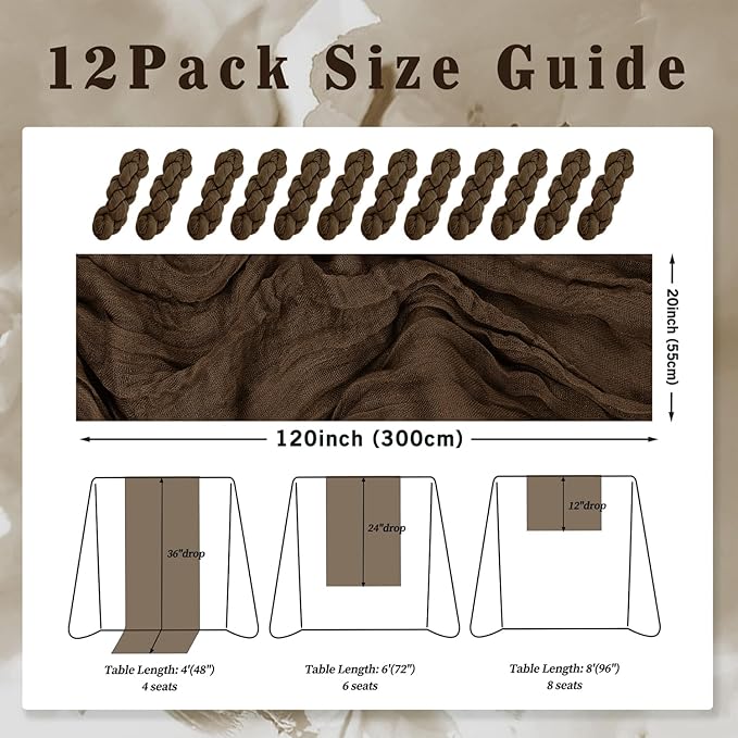 10FT 12 Pack Brown Cheesecloth Table Runner 20 x 120 Inch Long Boho Fabric Rustic Cheese Cloth Table Runner for Wedding Bridal Shower Baby Shower Gauze Sheer Birthday Party Table Decorations-HomvellaHome