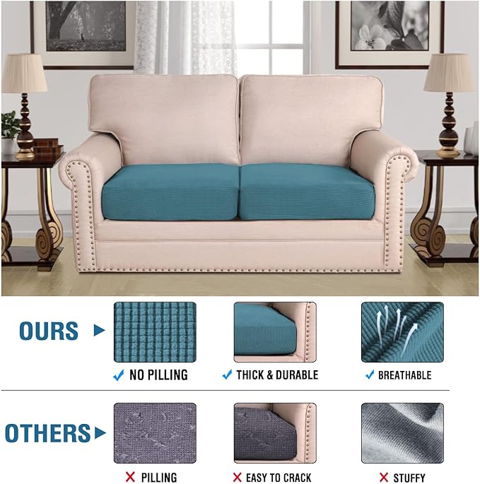 H.VERSAILTEX Super Stretch Individual Seat Cushion Covers Sofa Covers Couch Cushion Covers Slipcover Sets Thick Jacquard Textured Twill Fabric (2 Piece Medium Sofa Cushion Covers, Storm Blue)-HomvellaHome