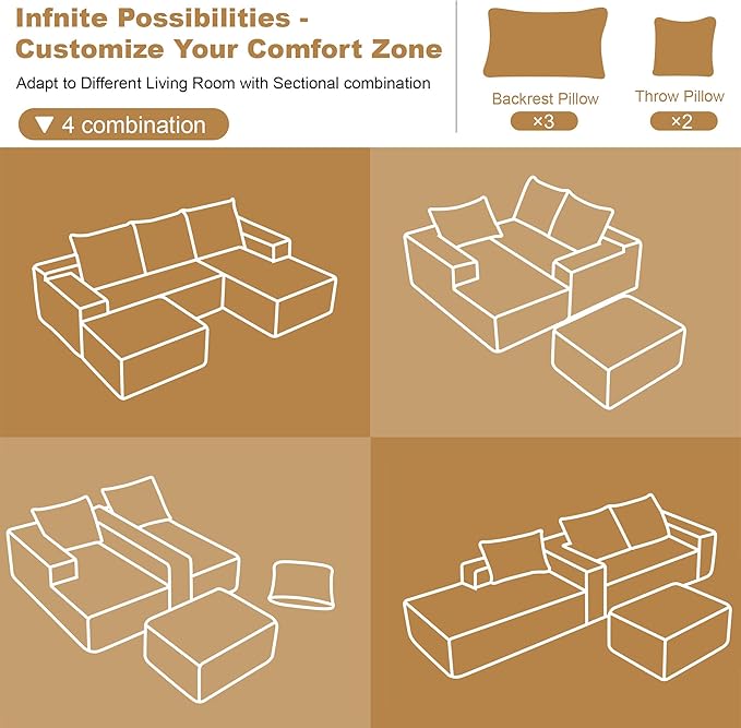 108" Sectional Couches for Living Room Modern Modular Sofa with L-Shape Couchs Upholstered Boneless Couch Deep Seat Sectional Couch with Chaise (Camel, Right Facing Chaise+2Seaters+1Ottoman)-HomvellaHome