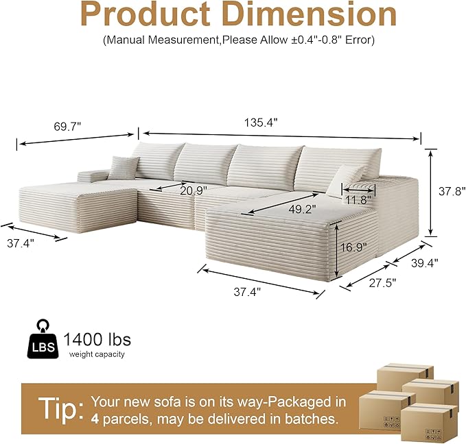 136" Sectional Couches for Living Room Modern Modular Sofa with L-Shape Couchs Upholstered Boneless Couch Deep Seat Sectional Couch with Chaise (White, Right Facing Chaise+3Seaters+Ottoman)-HomvellaHome