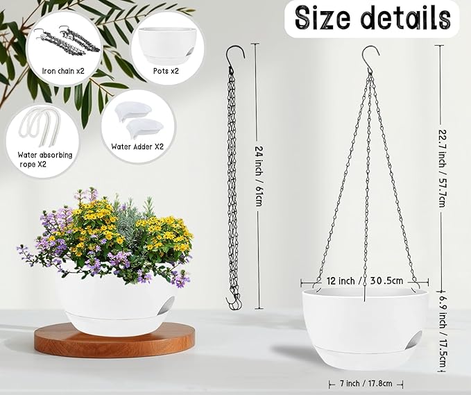 2 Pack 12 Inch Large Hanging Planters with Chains Self Watering White Plastic Hanging Pots for Indoor Outdoor Plants, Garden Porch Home Decor，White-HomvellaHome