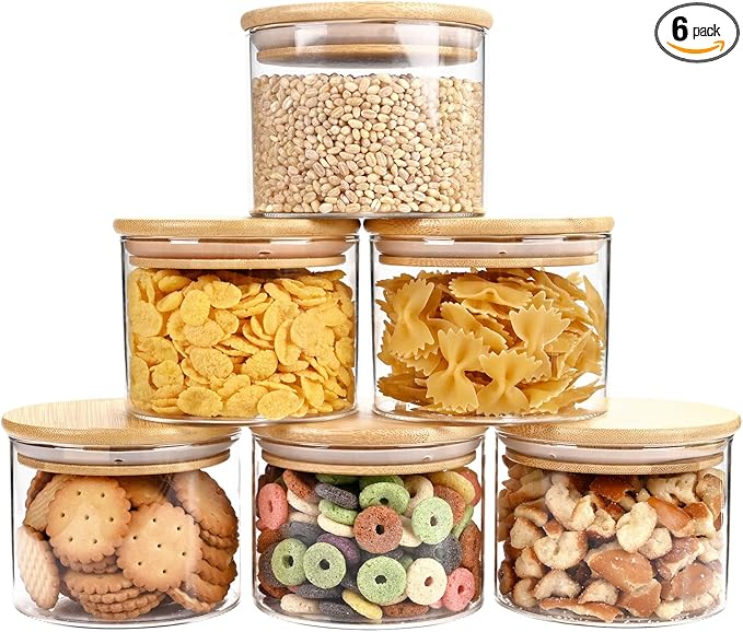 15oz Glass Food Storage Jars, Glass Jars with Bamboo Lids, Kitchen Storage Jars, Set of 6, Canisters with Airtight Lids for Spice, Coffee, Cookie, Pantry Organizers-HomvellaHome