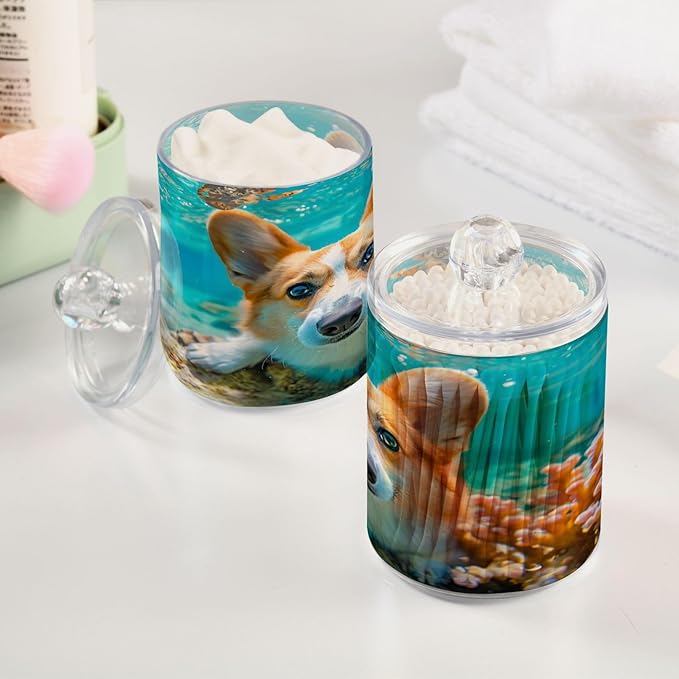 2 Pack Qtip Holder Organizer Dispenser Corgi Dog Underwater Bathroom Storage Canister Cotton Ball Holder Container for Cotton Pads/Swabs/Floss-HomvellaHome