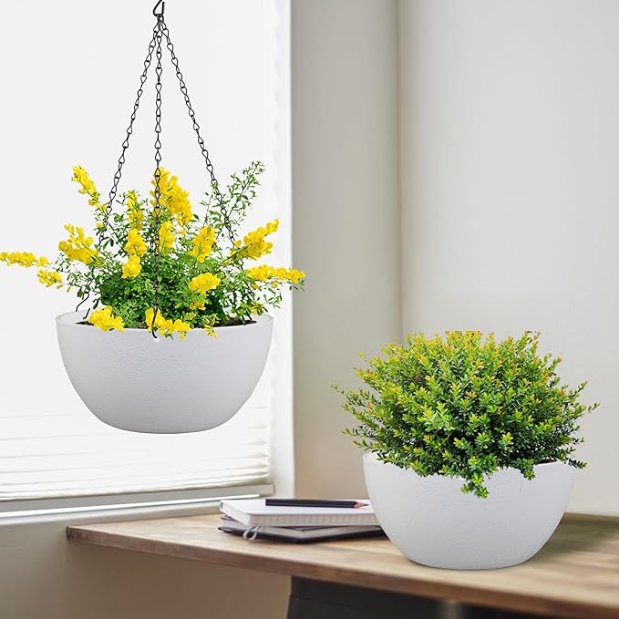 10 inch Hanging Planters for Indoor Outdoor Plants, 2 Pack Hanging Flower Pots with Drainage Holes and Chain for Garden Balcony Porch, Round Plastic Hanging Baskets for House Plants, White-HomvellaHome