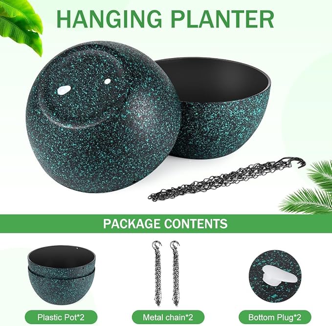 13 inch Hanging Planters for Indoor Plants, 2 Pack Planters for Outdoor Plants with Drainage Holes and Chain, Round Plastic Hanging Baskets, Hanging Flower Pots for Balcony Garden-Black Speckle-HomvellaHome