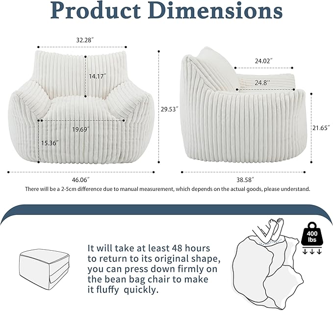 Giant Plush Bean Bag Chair for Adults with Armrests - Oversized Comfy Beige Beanbag Lounge Lazy Floor Sofa Accent Chair for Living Room, Bedroom & Dorm, Cozy Fluffy Single Cloud Mini Couch-HomvellaHome