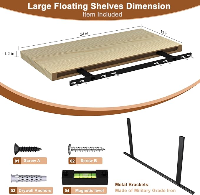 12 Inch Deep Floating Shelves for Wall 1 Pack Floating Shelves Large Storage Space Wall Mount Shelf for Living Room Kitchen Bathroom 24" W x 12" D x 1.2" H Oak-HomvellaHome