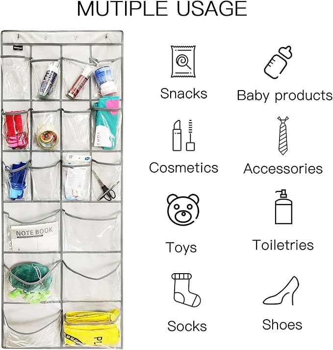 2 Pack Extra Large Hanging Crystal Clear Over Door Shoe Organizers, Closet Shoe Rack Organizer, 12+6 Pockets, 8 Hooks, Grey (59" x 21.6")-HomvellaHome