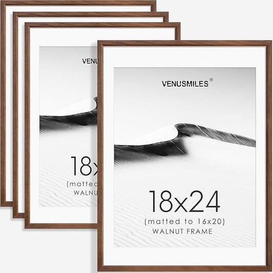 18x24 Poster Frame Set of 4 Natural Solid Walnut Photo Frames with 16x20 Removable Mat Wall Hanging Large Handcrafted Frame with HD Plexiglass Wall and Tabletop Display Large Picture Frame-HomvellaHome