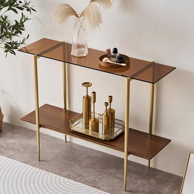 Glass Console Table for Living Room, Foyer & Entrance, 2-Tiers Mid-Century Modern Sofa Table with Amber Glass Top, Walnut Finish Wood Shelf and Gold Finish Frame-HomvellaHome