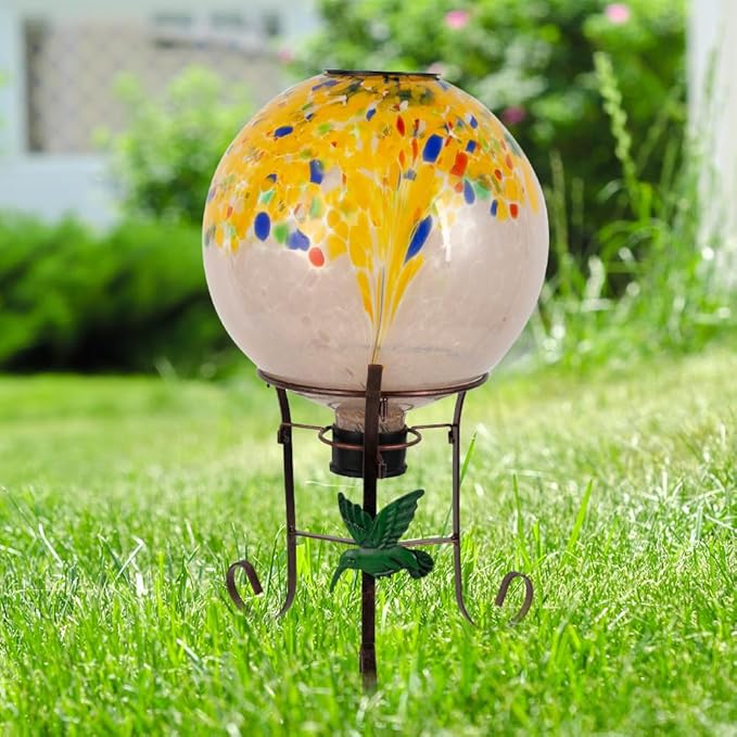 10" Diameter Solar Gazing Ball and 8.5" Metal Stand Indoor Outdoor Yard Art Ornament Coloful Spot Glass Globe Sphere Solar Gazing Balls for Garden,Lawn,Porch,Patio Birthday Gifts for Women,Mom-HomvellaHome