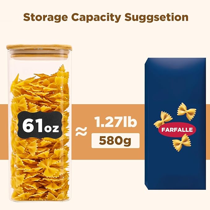 Glass Food Storage Jars Square 61oz, 3 Pack Glass Jars With Bamboo Lids, Kitchen Storage Containers For Spice, Candy, Cookie, Storage For Pantry Organizers-HomvellaHome