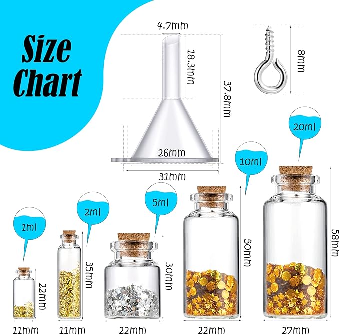 Geiserailie 45 Pcs Mini Glass Bottles with Cork Stoppers Spell Jar Clear Wishing Jars with 50 Eye Screws 3 Funnels for Wedding Party Favors DIY Art Crafts Decoration, 5 Sizes-HomvellaHome