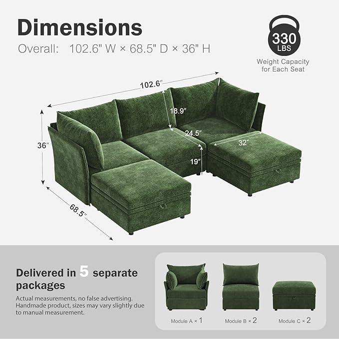 102.6" U Shaped Modular Sectional Sofa, 5 Seater Couch with Storage Ottoman Deep Seat and High Backrest with Removable Cover for Living Room, Apartment - Chenille Green-HomvellaHome