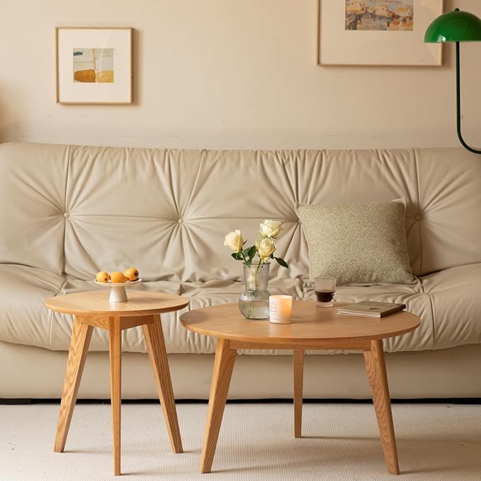 100% Solid Oak Wood Coffee Table Set, Round Coffee Table Combo Side Table w/Solid Wood Legs, Mid Century Table Sturdy Tables for Bedroom Balcony Living Room (Natural, 3 Pieces)-HomvellaHome