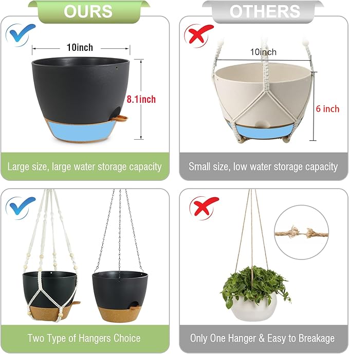 10 inch Self Watering Hanging Planters, 2 Pack Hanging Flower Pots for Indoor Outdoor Plants, Hanging Baskets with Drainage Holes & 2 Kinds of Plant Hangers for Garden Home Decor, Black Brown-HomvellaHome