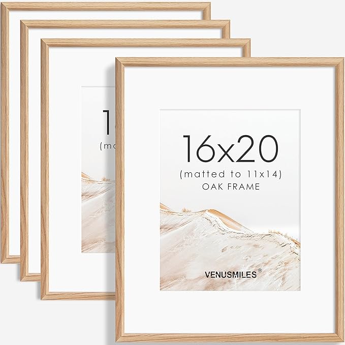 16x20 Picture Frame Set of 4 Natural Solid Oak Photo Frames with 11x14 Removable Mat Wall Hanging Large Handcrafted Frame with HD Plexiglass Wall and Tabletop Display Large Poster Frame-HomvellaHome