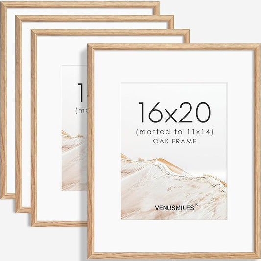 16x20 Picture Frame Set of 4 Natural Solid Oak Photo Frames with 11x14 Removable Mat Wall Hanging Large Handcrafted Frame with HD Plexiglass Wall and Tabletop Display Large Poster Frame-HomvellaHome